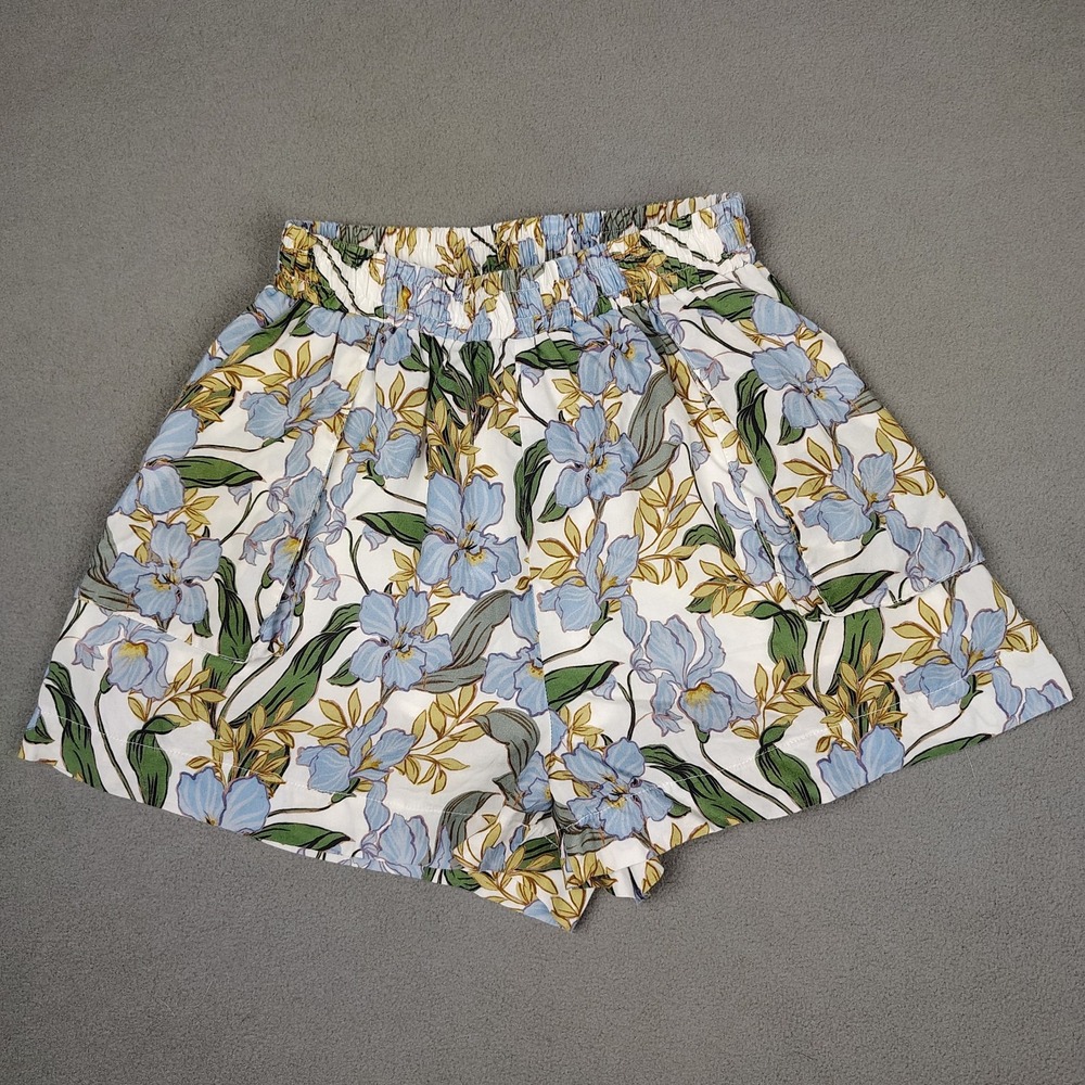 Amalie Flared Floral‎ Shorts Womens 8 Blue Iris Print Stretch Waist Casual Beach